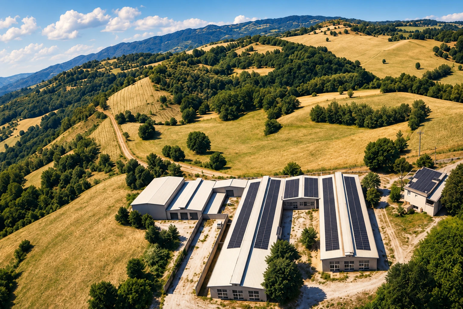 Il nostro cortile a Sale delle Langhe, con i tetti solari e le colline del Piemonte